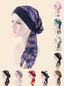女士弹力宽边仿丝头巾帽，睡帽，女士海盗帽，护发帽，适合日常使用，随机花朵图案 - 彩色 - 查看 9