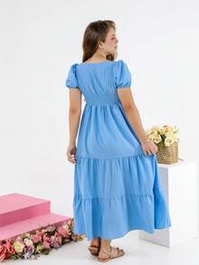 Vestido longo liso estiloso manguinha para princesas adolescentes - Azul bebê - Visão 7