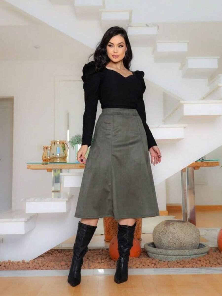 SAIA RODADA NO TECIDO SUED  Simples    Casual    Bolso    Escritório