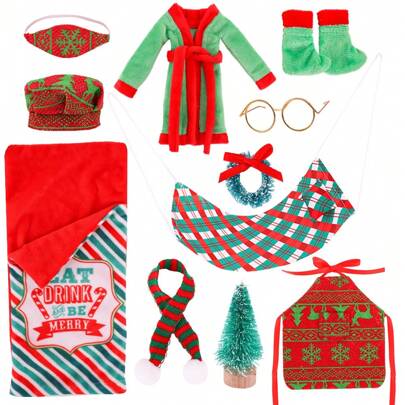 Set de 11 piezas de accesorios de muñeca de duendes navideños, incluye saco de dormir, bufanda, máscara, bata, zapatos, hamaca, delantal, gorro de chef, gafas, árbol de Navidad, corona, adecuado para muñecas adolescentes y suministros para fiestas de Halloween y Navidad (muñeca no incluida)