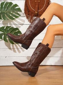 Fall/Winter Women's Cowgirl Boots With Block Heel, Pointed Toe And Embroidery, Western Style Leather Shaft Mid-Calf Pull-On Boots,Cowboy Boots - Coffee Brown - View 2