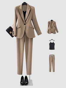 Women's Casual Business Commute Mandarin Collar Single-Breasted Slim Fit Long Sleeve Blazer And Straight Pants Set, Autumn/Winter