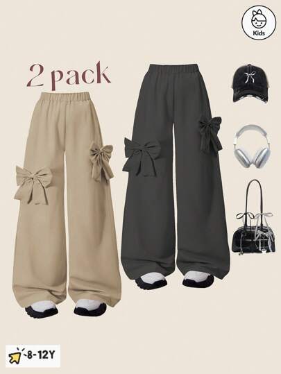 两件套时尚甜美女童休闲简约蝴蝶结阔腿裤，适合春秋季户外穿着、派对、校园、假期、情人节以及女孩日常穿着。