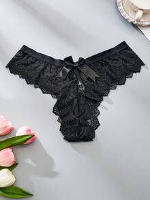 FOVTY 3 piezas Bragas de mujer con encaje, parches, diseño de mariposa y plumas, sexy y encantador, tanga negra - Negro - Ver 4