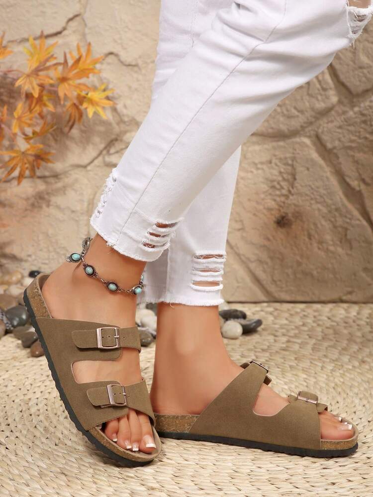 1 Par de Sandalias Casuales de Playa con Suela de Corcho Suave, Apoyo de Arco, Antideslizante y Punta Redonda, Adecuadas para Adolescentes Chicos y Chicas, Apropiadas para Verano, Otoño y Regreso a Clases, Uso en Exteriores - Caqui - Añade 4