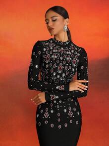 Love Aing 女式黑色长袖正式晚礼服，带水钻装饰，奢华宴会，优雅商务礼服 - 黑色 - 查看 9