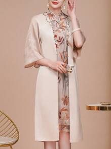 Contrast Embroidered Lace Floral Mesh Flare Sleeve Dress, Stand Collar 3/4 Sleeve Evening Gown 2 In 1, Elegant Mother Of The Bride Dress, Suitable For Wedding/Formal/Occasion/Guest/Engagement/Ceremony/Birthday/Social/Cocktail/Everyday/Vacation/Casual Wear