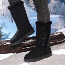 Botas de nieve negras de media pantorrilla para mujer con cubo de cuerno, botas casuales versátiles, palas de calentamiento