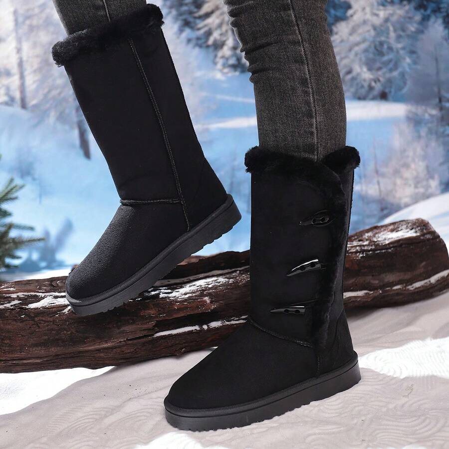 Botas de nieve negras de media pantorrilla para mujer con cubo de cuerno, botas casuales versátiles, palas de calentamiento