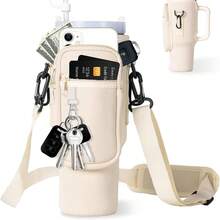 1 套 40 盎司保温瓶套，配有可调节肩带、双储物袋、兼容 40 盎司/30 盎司真空瓶、氯丁橡胶瓶套，配有可调节肩带，适用于户外活动、办公室、旅行、礼物、运动、便携式杯子配件 - 彩色 - 查看 5