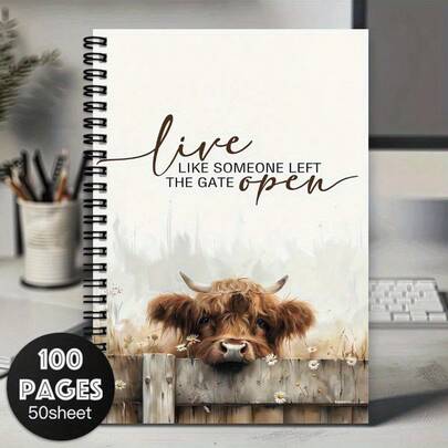 Cuaderno espiral inspirador de vaca de las tierras altas, diario "Vive como si alguien hubiera dejado la puerta abierta", regalos para amantes de las vacas, regalos motivacionales para mujeres y hombres, cuaderno de estilo occidental