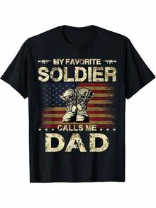 My Favorite Soldier Calls Me Dad Proud Army Dad T-Shirt - Distressed American Flag & Combat Boots Graphic, 100% Cotton Casual Short Sleeve Tee, Regular Fit Machine Washable Military Apparel For Fathers Day Gifts, Military Clothes