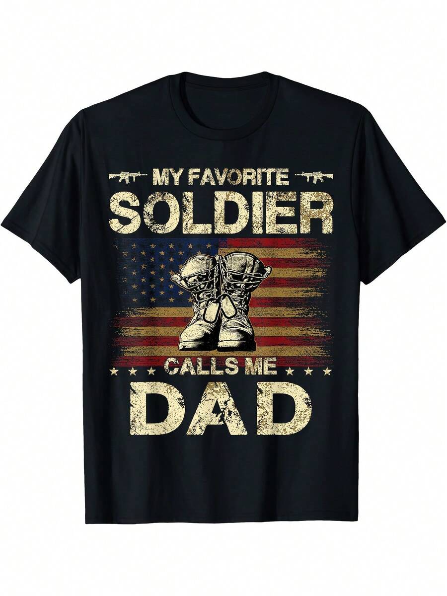 My Favorite Soldier Calls Me Dad Proud Army Dad T-Shirt - Distressed American Flag & Combat Boots Graphic, 100% Cotton Casual Short Sleeve Tee, Regular Fit Machine Washable Military Apparel For Fathers Day Gifts, Military Clothes
