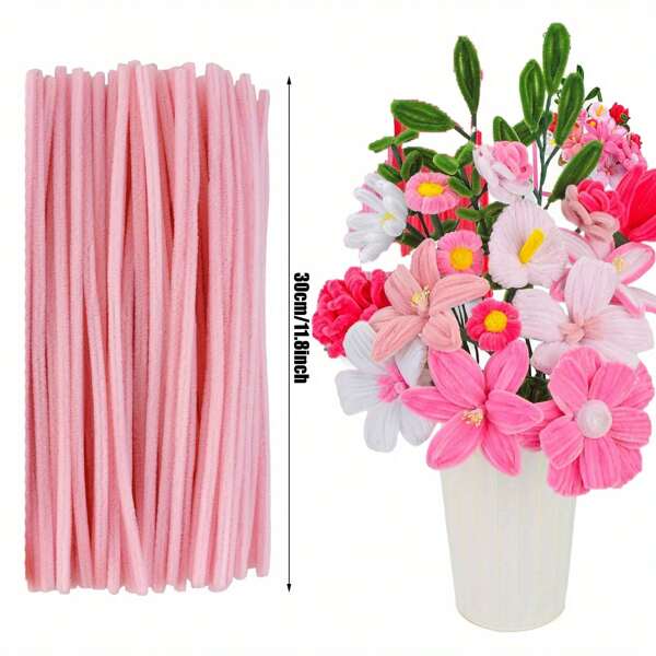 51 szt./101 szt./301 szt. Fuzzy Wires Light Pink Pipe Cleaner Craft z kartą instruktażową, Chenille Stems Flowers Kit do projektów DIY Art Supplies Decoration - do projektów DIY Craft Creative, Flowers Making