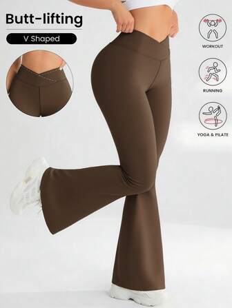 YZMJAFU 女士高腰喇叭裤，交叉弹力腰带设计，休闲百搭修身阔腿裤，弹力面料，凸显曲线，瑜伽/健身紧身打底裤，高腰无痕提臀收腹裤 - 柔软材质