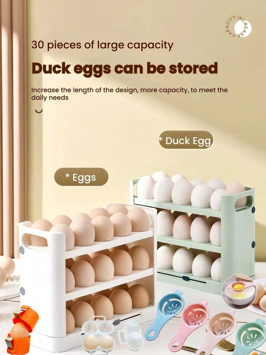 6 Packs 3-Tier Foldable Plastic Egg Holder, Non-Slip, Refrigerator Organizer For Eggs, Cabinet Egg Dispenser, White Egg Storage Holder - With Counter, Holds 30 Eggs, Tilting Design, Kitchen Organizer, Space-Saving Refrigerator Storage Area On The Side Door For Kitchen Organization - Ideal For Kitchen, Refrigerator, Cabinet, Egg Storage, Home Decor, Party & Christmas Storage - Multicolor - View 1