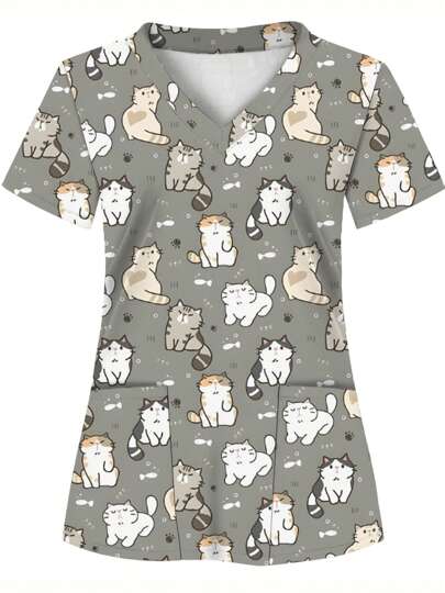 Gray Background Cute Cat Print Women's Scrub Top With 2 Pockets, Soft, Breathable, Practical Uniform Suitable For Healthcare Professionals - Scrub Shirt, Comfortable For Hospital, Dental Clinic, Beauty Salon And Institutions, Nurse Workwear
