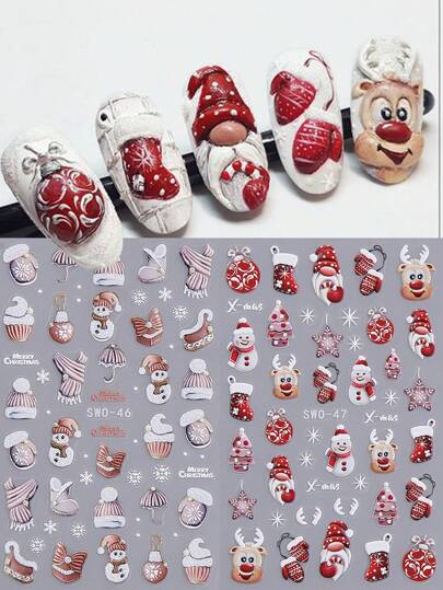 2 szt. czerwone świąteczne naklejki 5D z wytłoczonym wzorem do zdobienia paznokci, Święty Mikołaj, bałwan, płatki śniegu, piłka, patyk, czapka, szalik, buty, wzory świąteczne, samoprzylepne suwaki DIY, manicure, artykuły do zdobienia paznokci, prezent dla kobiet i dziewcząt