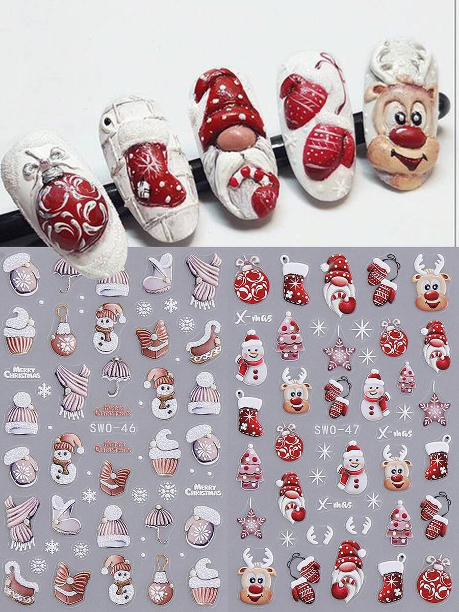 2张红色圣诞5D立体美甲贴纸，图案包括圣诞老人、雪人、雪花、球棒、帽子、围巾、靴子等节日元素，自粘式DIY美甲贴片，美甲用品，送给女性和女孩的礼物 - 彩色 - 查看 1
