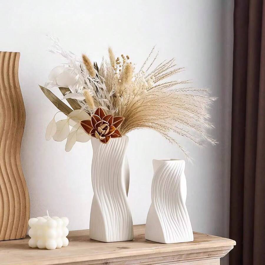 1pc White Minimalist Plastic Vase Anti-Fall Wear-Resistant Modern Style Lines And Geometric Design Vase Suitable For Hotel Family Bedroom Balcony Living Room Party Table Decoration Home Decor Room Decor Flower Vase Glass Vase - Multicolor - View 1