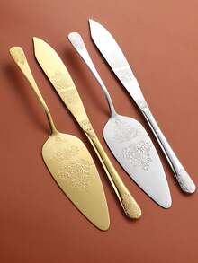 2pcs Stainless Steel Patterned Cake Server & Knife Set - Wedding Birthday Cake Spatula Bread Knife Pizza Shovel Dual-End Patterned Cutlery Flatware