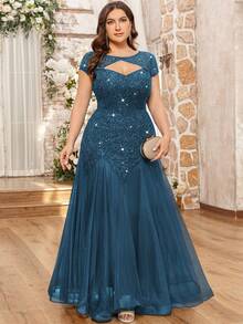 Elegant Sequin Floral Lace Contrast Color Mesh Ruffle Hem Maxi Dress, Suitable For Evening Gala, Homecoming, Wedding Guest, Birthday, Graduation Ceremony And Other Occasions - Dusty Blue - View 1