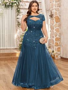 Elegant Sequin Floral Lace Contrast Color Mesh Ruffle Hem Maxi Dress, Suitable For Evening Gala, Homecoming, Wedding Guest, Birthday, Graduation Ceremony And Other Occasions - Dusty Blue - View 4