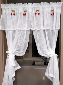 1 Stück weißer Spitzen-Vanance-Vorhang, ohne Bohren, geeignet für Küche, Schlafzimmer, Fensterbank, transparenter Vorhang im Prinzessinnen-Stil (4 Kirschdekorationen enthalten, Krawatte nicht enthalten)
