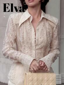 ELVA 白色蕾丝刺绣纽扣镂空复古优雅长袖衬衫，适合日常、度假、约会、婚礼、生日派对等场合。女士衬衫，适合情人节、新年等春季穿着。 - 白色 - 查看 5