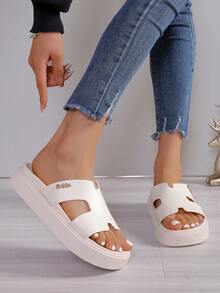 Women House Slippers Basic Solid Color Minimalist Stylish Indoor & Outdoor Soft Sole PVC Shoes - Beige - View 2