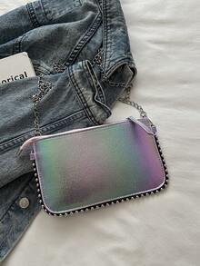 女士拼布串珠链条肩带斜挎包，复古彩色激光仿金属派对信封手拿包 [颜色随机] - 彩色 - 查看 3