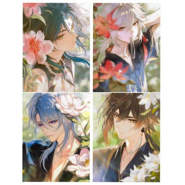 Pintura de mosaico de diamantes con arte de un personaje de anime masculino de fantasía con flores, Xiao Zhong Li Kazuha, bordado de punto de cruz artesanal para decoración del hogar