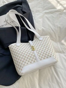 撞色滚边单肩手提包，休闲双提手设计，适合毕业生、少女、大学一年级、二年级、三年级和四年级学生，也适合户外活动、旅行和返校季。 - 白色 - 查看 4