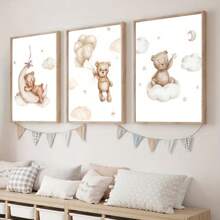 3pcs Children's Room Cartoon Bear Decoration Poster Hanging Picture Suitable For Kindergarten Toy City Wall Shanghai Newspaper Printing High Definition Canvas Material Mural Optional Frame
