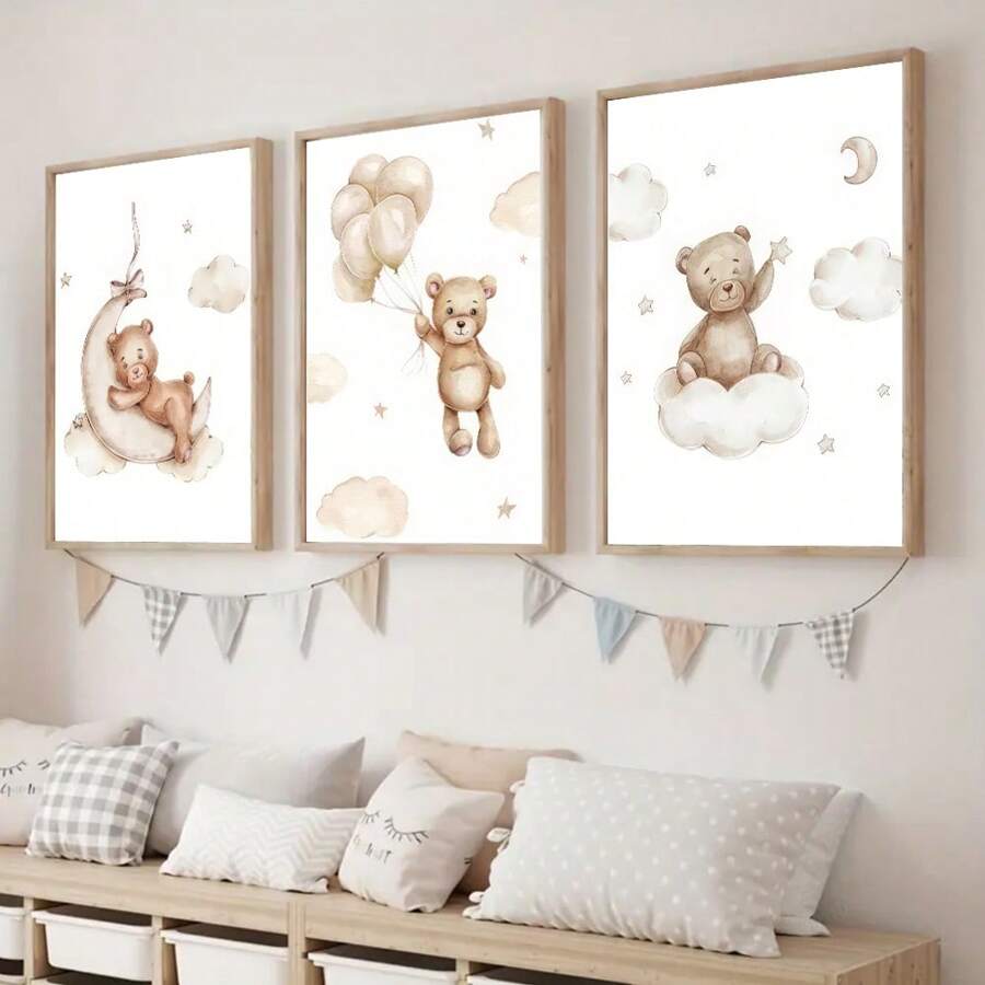 3pcs Children's Room Cartoon Bear Decoration Poster Hanging Picture Suitable For Kindergarten Toy City Wall Shanghai Newspaper Printing High Definition Canvas Material Mural Optional Frame