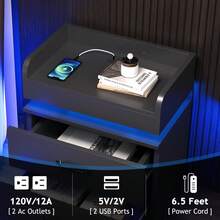 LED NightStand Set Of 2, Modern Night Stands With 2 Drawers, Bedside Tables And End Side Tables For Bedroom, Black/ White/ Grey - 黑色 - 查看 4
