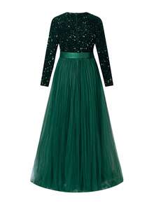 Faeriesty Curve Plus V-Neck Long Sleeve Sequin-Embellished Formal Gown With Waistband & Flowing Tulle Skirt – Spring-Summer Elegance For Weddings, Galas, Proms, Evening Events