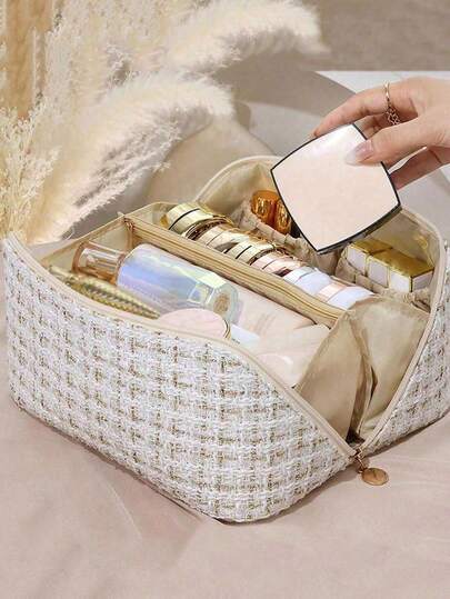 1个多层隔层化妆包，化妆品收纳整理包，化妆刷收纳袋，浴室洗漱包，多功能化妆包，防水便携旅行包，收纳袋，大容量手提包，可收纳护肤品、化妆品、化妆刷、粉饼、口红等，适合海滩、学校、浴室、节日、情人节、圣诞节等场合，是送给女性的礼物，也是圣诞礼物和送礼佳品。