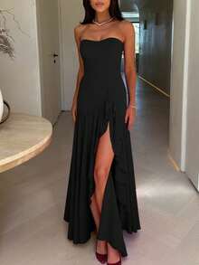 Women's Solid Color Ruffle Hem Side Slit Bodycon Maxi Dress, Elegant Sexy Party Gown For Formal Events Wedding Spring Black - Black - View 2