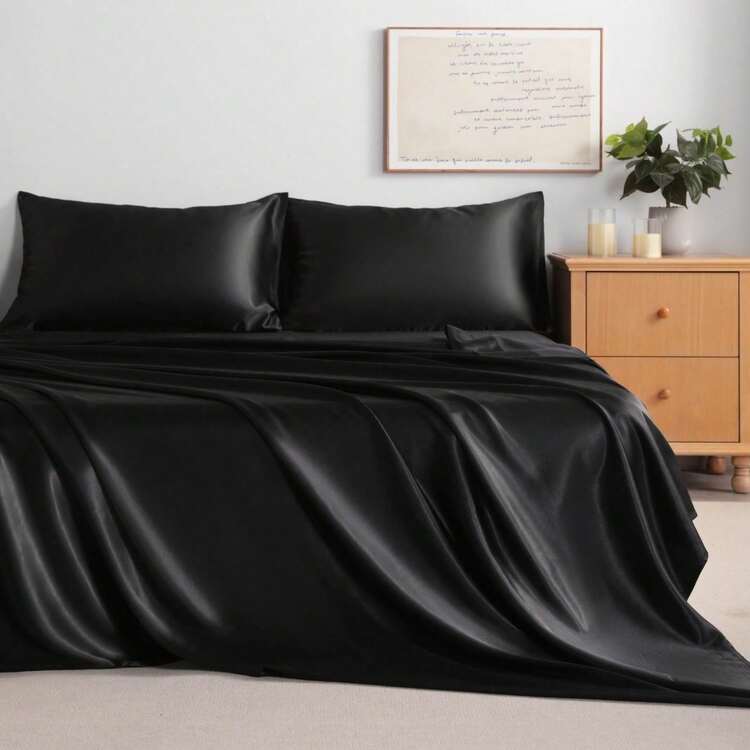 Black Satin Bed Sheet Set – Luxury Silky Sheets With Deep Pocket Fitted Sheet And Pillowcases - màu đen - Xem 3