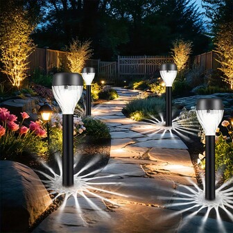 8 pezzi Luci da giardino a energia solare a LED, bianco caldo/bianco, luci da giardino per esterni, luci da percorso a motivo a cascata ellittico, in materiale ABS durevole, design a incasso, facile installazione, adatte per giardino, cortile, terrazza, vialetto, tappeto erboso, parco
