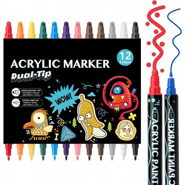 Un juego de, Rotuladores de acrílico - Rotuladores de pintura acrílica de doble punta, disponibles en 12/24/36/48/60 colores, adecuados para pintura de rocas, madera, vidrio, piedra, cerámica, útiles escolares, regalos de vuelta al cole