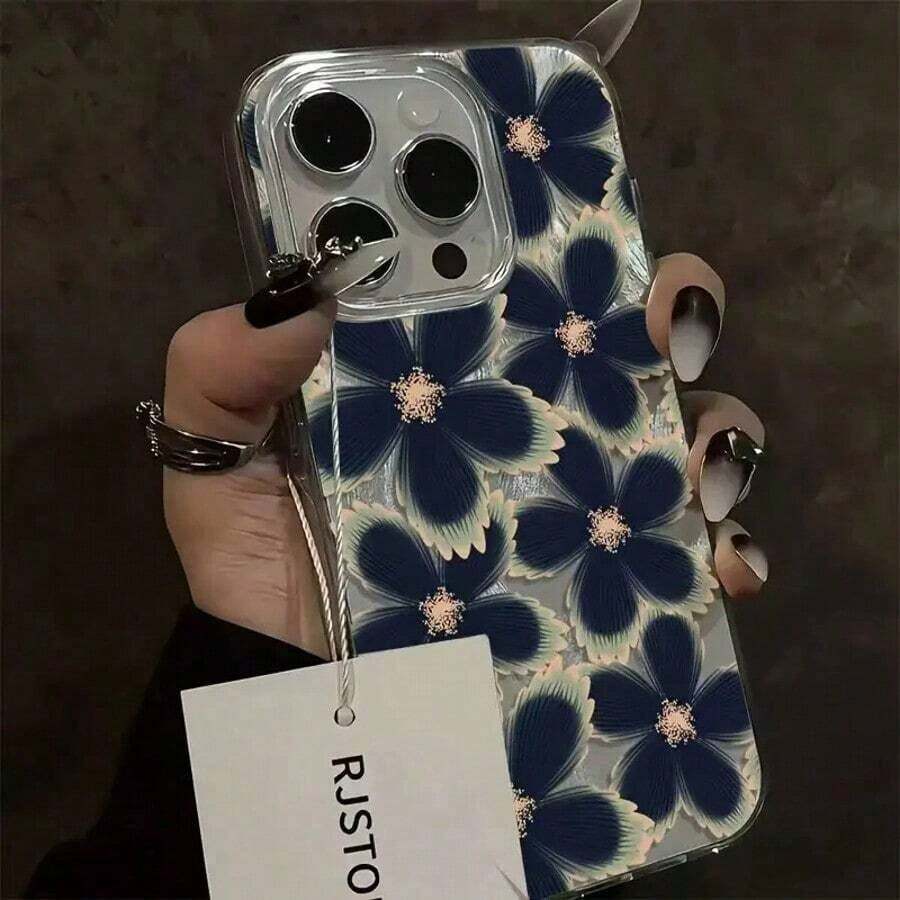 1pc Flower Phone Case Flower Phone Case 1pc Feather & Flower Printed Blue Pattern Phone Case Compatible With 16 Pro Max, 15, 14 Plus, 13, 12, 11, Personalized Phone Protective Cover Waterproof Shockproof Anti-Fall Scratch Resistant Phone Cases Summer 17 Pro Case 17 Plus Case 15 Case 16 Case 16 Plus Case - 1pc - View 1