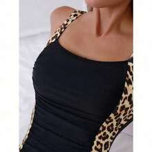 Women's Leopard Trim Tankini – Black Ruched Top And Boyshort Bottoms, Flattering And Supportive For Poolside And Vacation Wear,Slim Fit Runs Small Recommend Order One Size Up, Tummy Control Waist Ruched Cinching, Swimwear For Beach Vacation & Pool Party - Black - View 4