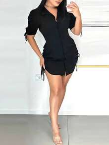 Elegant Black Short Sleeve Shirt With Button And Elastic Waist - Suitable For Casual And Formal Occasions, Casual Wear | Refined Style | Short Sleeve Shirt Summer - Black - View 4