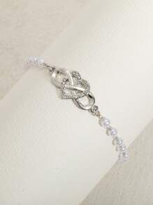 1pc Fashionable High-End Elegant Metal Heart Crystal & Faux Pearl Chain Bracelet, Suitable For Women Everyday Wear, Great Gift For Thanksgiving, Valentine's Day, Friends