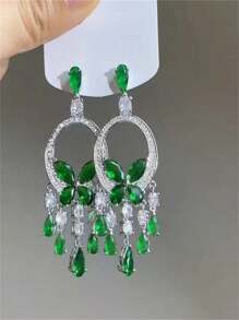 Exaggerated Green Butterfly Crystal Tasseled Earrings, Elegant Luxury Party Formal Dress Accessory