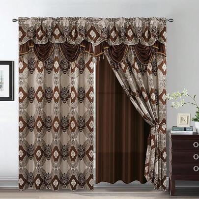 Elegant Curtains With Gold Threads 2 Panels Set - Luxury Window Treatment With Attached Valance, Sheer Backing, And 2 Tie Backs Bedroom And Living Room, 54x84 Inches, Navy