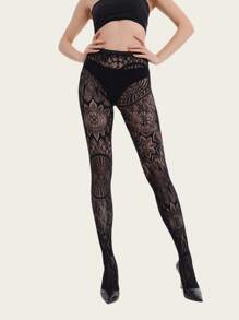 1 Peça Meia-calça de Rede Elástica Sólida de Plus Size com Estampa de Girassol, Meia-calça de Malha Vazada Fashionável e Sexy para Fantasias de Halloween