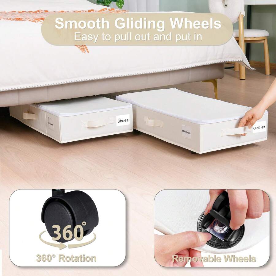 1pc/2pcs Thickened Non-Woven Fabric Foldable Underbed Storage Box With Wheels, Large Capacity Clothes Storage Container - Black - View 1
